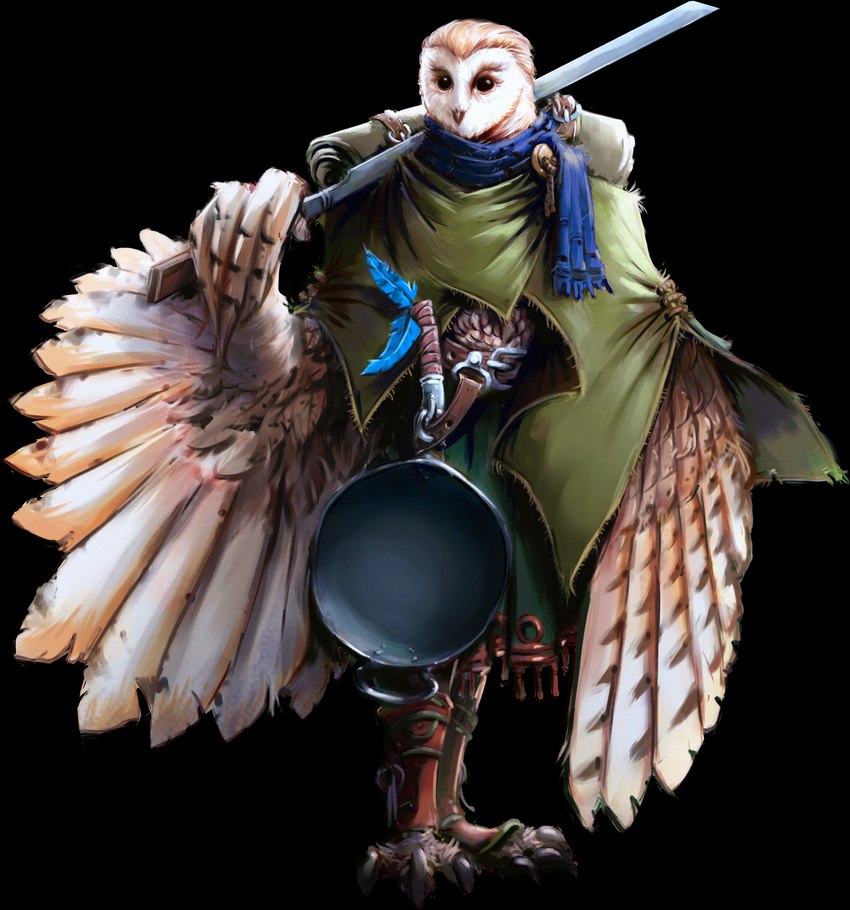 4_fingers anthro armor beak black_beak clothed clothing cooking cookware feather_hands feather_tuft feathered_wings feathers feet fingers fire flower food forest fruit_tree frying_pan kilt kitchen_utensils leg_armor male plant shin_guards solo talons tattoo toes tools tree tuft wings baccoart sheru_owl avian barn_owl bird humanoid owl tyto tytonid absurd_res alpha_channel hi_res