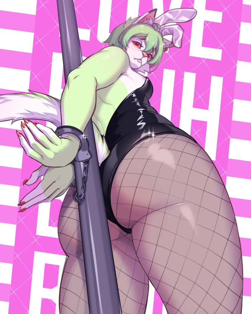 anthro arms_tied bdsm bound bunny_costume claws clothing costume cuff_(restraint) ears_up female green_body green_hair hair handcuffs hands_behind_back latex legwear metal_cuffs pole red_eyes restraints solo tail tights drkot hi_res