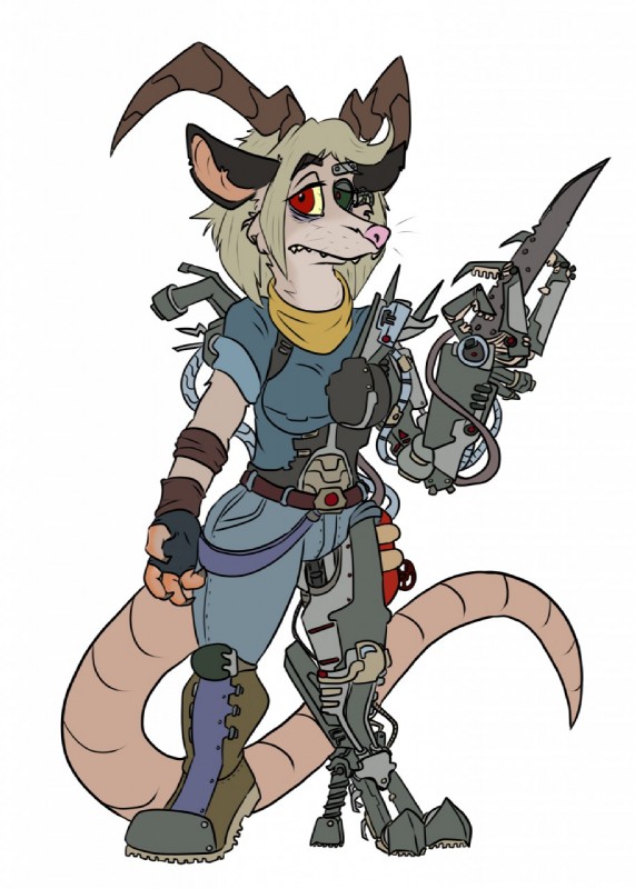 2_artificial_limbs amputee anthro armor cybernetics disability female horn machine solo weapon weapon_prosthetic grostenmeiers american_opossum cyborg demon hybrid mammal marsupial virginia_opossum hi_res