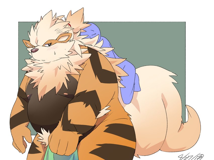 anthro anthrofied belly big_belly black_body blush duo kemono looking_at_viewer male moobs nipples orange_body overweight overweight_male simple_background towel inunoshippo nintendo pokemon arcanine canid canine generation_1_pokemon mammal pokemon_(species) 2024 4:3 hi_res