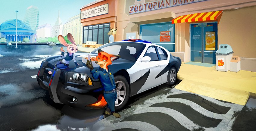 anthro badge belt black_body black_fur bottomwear car clothed clothing day dessert detailed_background doughnut eating female food fur green_eyes grey_body grey_fur group male motor_vehicle necktie orange_body orange_fur outside pants pastry police police_car police_officer_eating_donut police_vehicle shirt sitting sky standing topwear uniform vehicle white_body white_fur innunammi disney dodge_(brand) dodge_charger zootopia judy_hopps nick_wilde canid canine domestic_cat felid feline felis fox lagomorph leporid mammal rabbit red_fox true_fox 2016 hi_res