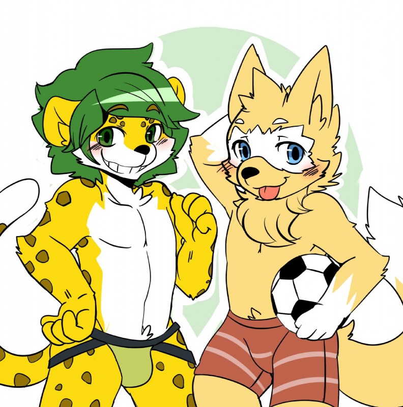 anthro ball blush boxers_(clothing) bulge clothed clothing duo front_view gesture grin hand_gesture holding_ball holding_object jockstrap looking_at_viewer male mascot naughty_face pointing pose rubbing_head smile soccer_ball standing tongue tongue_out topless underwear saku1saya fifa zabivaka zakumi canid canine canis cheetah felid feline mammal wolf alternate_version_at_source flat_colors hi_res pinup