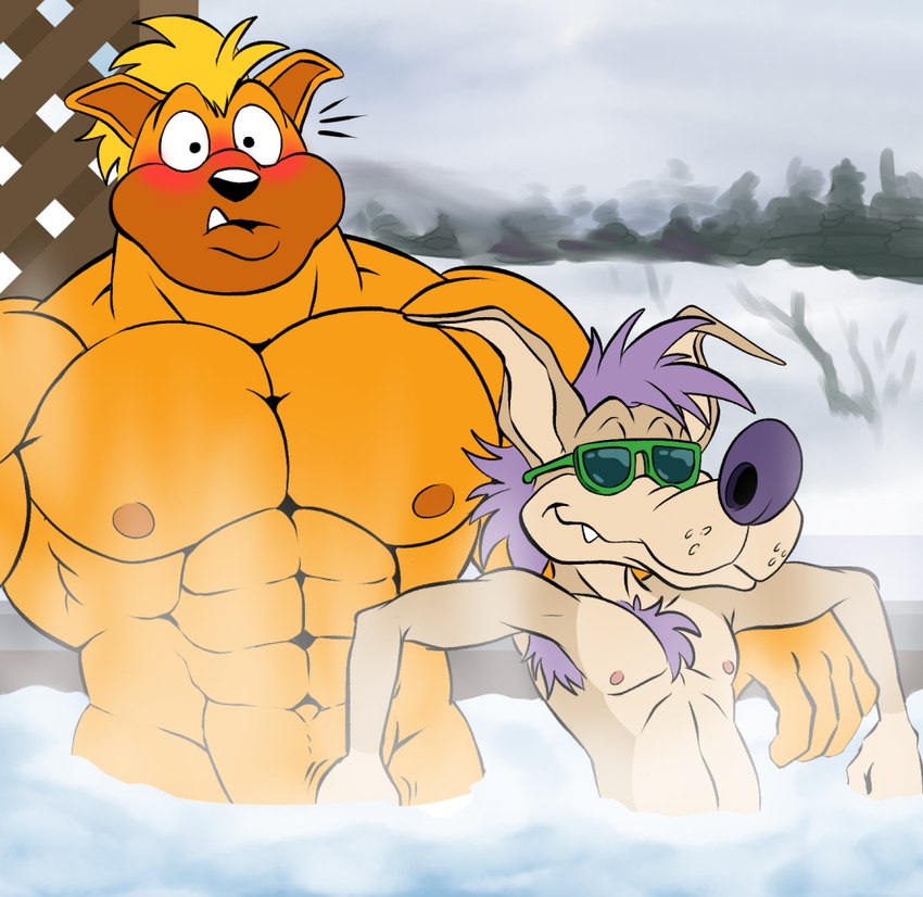 armpit_hair blonde_hair blush body_hair chest_tuft duo eyewear fangs glasses grope hair hand_on_crotch hot_tub male male/male muscular muscular_male nipples purple_hair smile smirk steam suggestive surprise surprised_expression teeth toony tuft unknown_artist sega sonic_the_hedgehog_(series) sonic_underground tamers12345's_sonic_underground dingo_(sonic_underground) sleet_(sonic_underground) canid canine canis dingo mammal wolf source_request