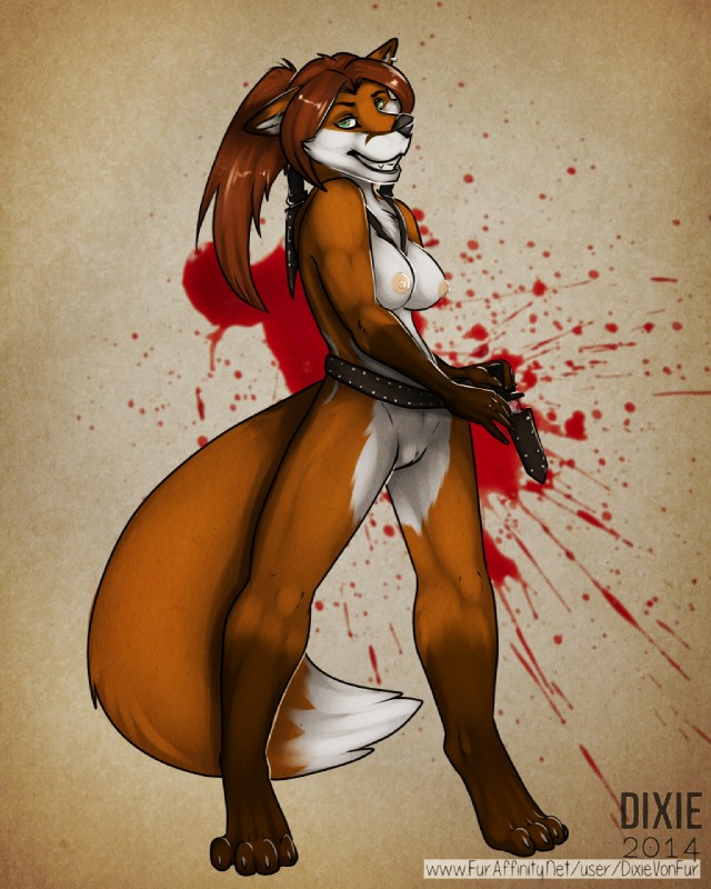 anthro blood bodily_fluids breasts ear_piercing female genitals knife looking_at_viewer nude piercing pussy solo dixievonfur spoonyfox sophia_st_claire spoony_(spoonyfox) canid canine fox mammal 4:5 hi_res