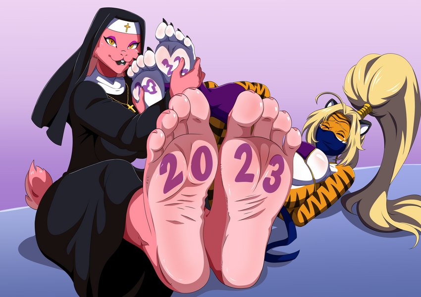 4_toes anthro anthro_on_anthro barefoot big_breasts breasts clothed clothing duo feet female female/female foot_fetish foot_focus fur hair humanoid_feet looking_at_viewer makeup nun plantigrade simple_background soles stripes tickling toes wrinkled_feet wrinkles the_dark_mangaka anita_(dandarkheart) jew-le felid lagomorph leporid mammal pantherine rabbit tiger 2023 absurd_res digital_media_(artwork) hi_res