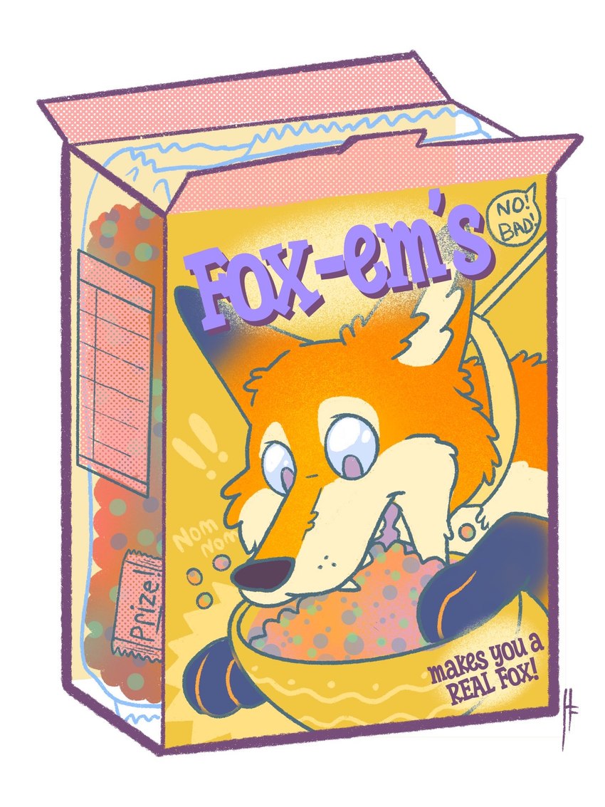 ambiguous_gender black_body black_fur box cereal cereal_bowl cereal_box collar container domestic_pet eating feral food fur implied_transformation leash nom orange_body orange_fur simple_background solo text transformation_through_food white_background white_body white_fur hearthfox canid canine fox mammal 3:4 english_text hi_res