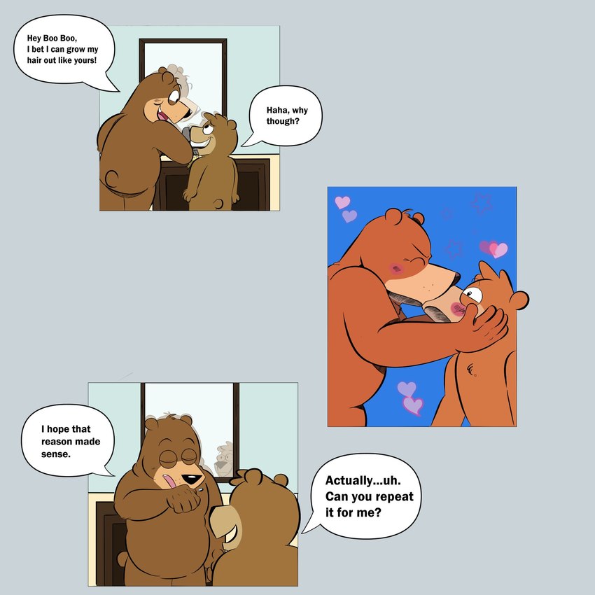 anthro biped black_nose blush brown_body duo eyes_closed kissing male male/male mirror size_difference slightly_chubby text beargarbage hanna-barbera jellystone_(hbo_max) yogi_bear boo-boo_bear yogi_bear_(character) bear mammal 1:1 2022 comic english_text hi_res