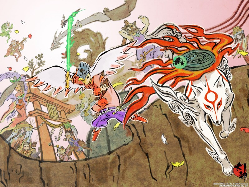 ambiguous_gender female feral fur group male white_body white_fur sun_studios capcom clover_studio okami_(capcom) amaterasu_(okami) issun_(okami) sakuya susano ushiwakamaru waka_(okami) canid canine canis deity mammal poncle wolf 4:3 hi_res wallpaper