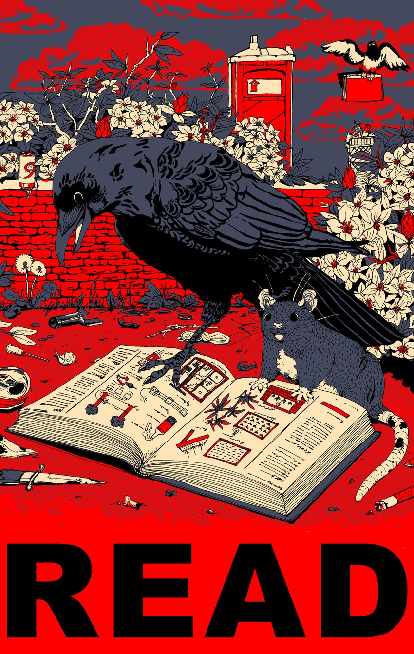 ambiguous_gender book feral group knife open_book text trio goat-soap avian bird corvid corvus_(genus) crow mammal murid murine oscine passerine rat rodent sparrow absurd_res digital_drawing_(artwork) digital_media_(artwork) english_text hi_res restricted_palette