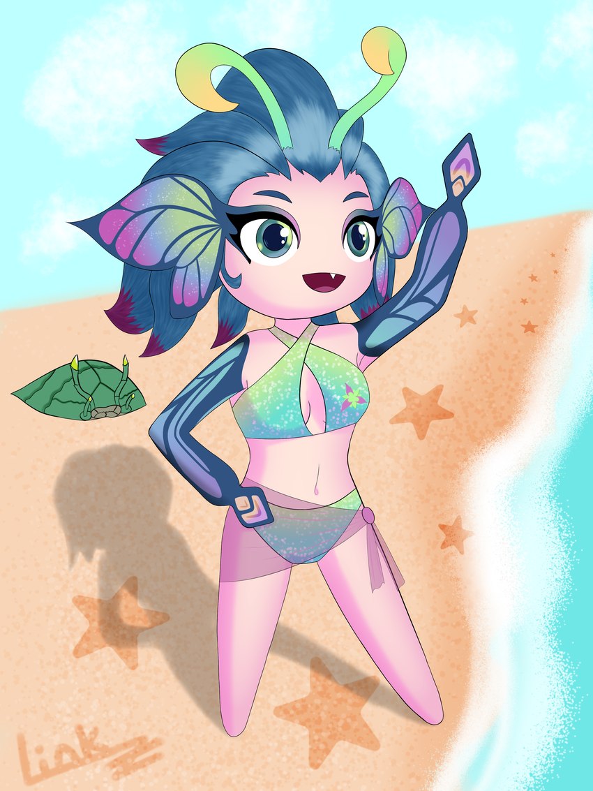 beach bikini blue_arms blue_hair breasts clothed clothing cloud fangs female green_bikini green_clothing green_eyes green_swimwear hair medium_breasts multicolored_body navel open_mouth pink_body purple_hair sand sky swimwear teeth tongue two-piece_swimsuit water linkzzz league_of_legends riot_games teamfight_tactics tencent nixie_(lol) humanoid scuttle_crab absurd_res digital_media_(artwork) hi_res