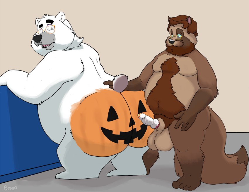 anthro balls belly big_belly big_butt black_body brown_body brown_fur butt duo erection eyewear fur genitals glasses holidays male male/male mature_male overweight overweight_male penis pumpkin_butt bravo halloween bear canid canine mammal polar_bear raccoon_dog tanuki ursine 2022 hi_res