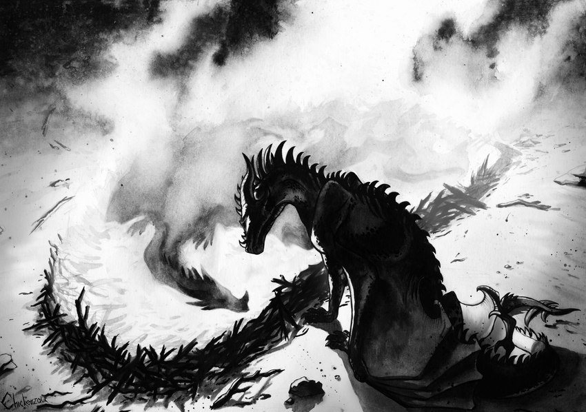 body_burning burning corpse death duo facial_horn female feral funeral horn male membrane_(anatomy) membranous_wings nose_horn quadruped sad spikes spikes_(anatomy) tail wings chickenzaur dragoneye european_mythology mythology kharriana_(clostridium) meratezatgh_(clostridium) dragon mythological_creature mythological_scalie scalie western_dragon 2023 hi_res monochrome story story_in_description