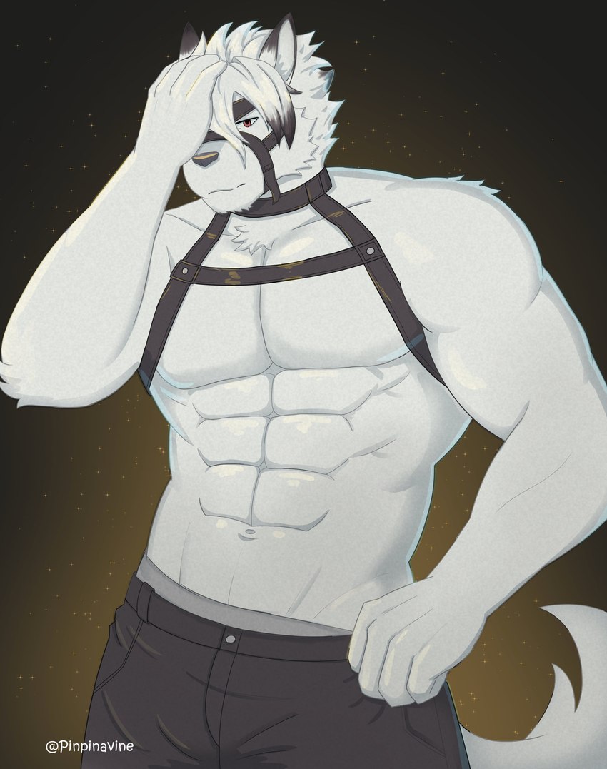 anthro black_bottomwear black_clothing black_pants bottomwear clothed clothing gradient_background hair harness male one_eye_obstructed pants simple_background smile solo topless topless_anthro topless_male pinpinavine mihoyo zenless_zone_zero von_lycaon canid canine canis mammal wolf 2022 absurd_res artist_name hi_res