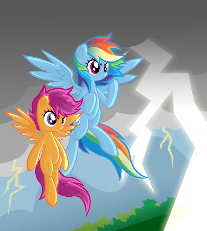 blue_body blue_feathers blue_fur cloud duo electricity feathered_wings feathers female feral fur hair lightning multicolored_hair multicolored_tail rainbow_hair rainbow_tail tail wings young young_feral danmakuman friendship_is_magic hasbro my_little_pony mythology rainbow_dash_(mlp) scootaloo_(mlp) equid equine mammal mythological_creature mythological_equine pegasus absurd_res hi_res