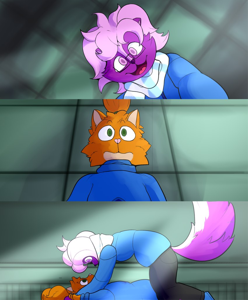 ahoge anthro black_bottomwear black_clothing black_pants blue_clothing blue_footwear blue_hoodie blue_shoes blue_topwear bottomwear clothing duo eyewear footwear fur glasses green_eyes hair hoodie male orange_body orange_fur pants pink_eyes pink_hair pinned pinned_to_ground purple_body scarf shoes topwear chazster danganronpa danganronpa_v3 spike_chunsoft residays swampy157 domestic_cat felid feline felis mammal mephitid skunk hi_res