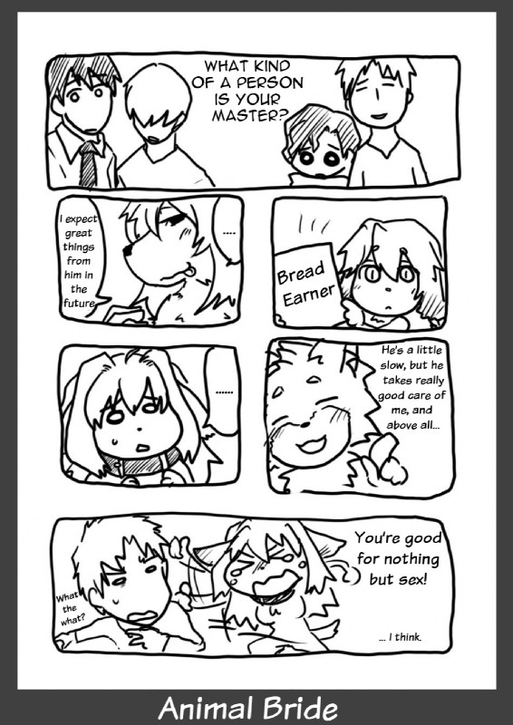 animal_bride anthro chibi collar dialogue female group male necktie text shinobe animal_bride_1 canid canine canis domestic_dog human mammal black_and_white comic english_text hi_res monochrome translated