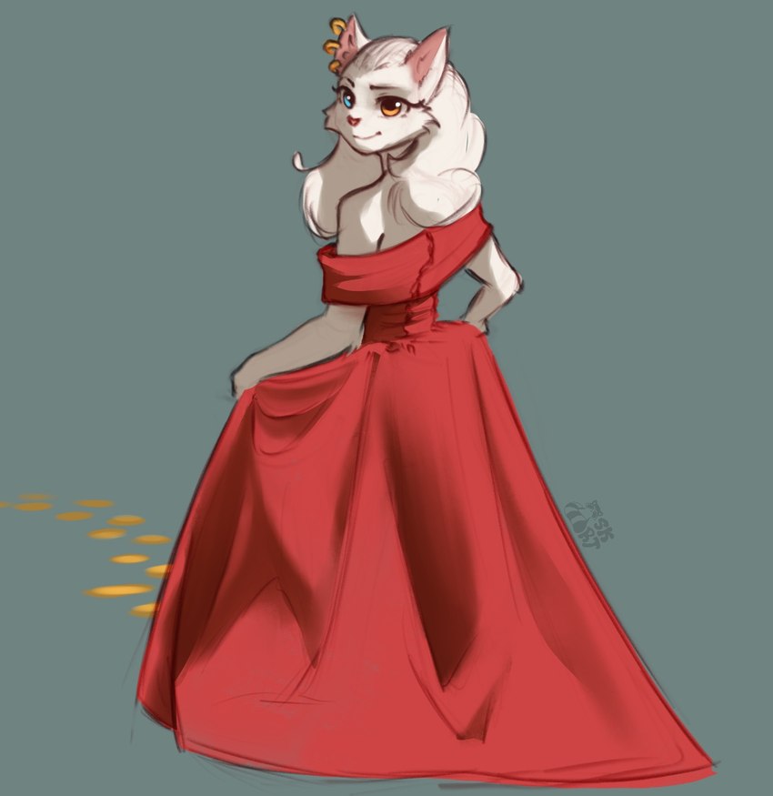 amber_eyes anthro blue_eyes clothed clothing dress ear_piercing ear_ring female fur hair heterochromia holding_clothing holding_dress holding_object long_hair looking_back no_bra off_shoulder piercing pink_nose red_clothing red_dress ring_piercing solo white_body white_fur white_hair askart ketty_(askart) domestic_cat felid feline felis mammal hi_res