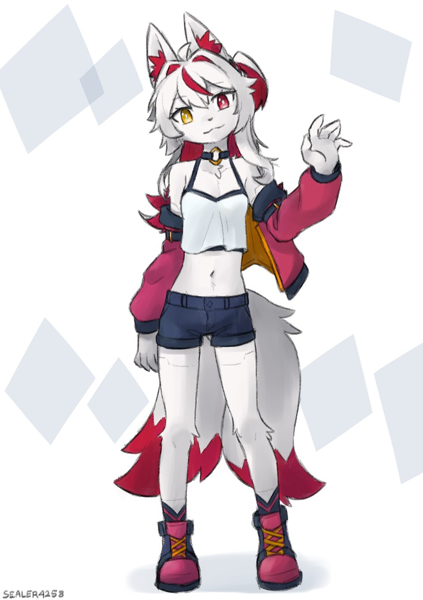 5_fingers anthro bottomwear breasts clothed clothed_anthro clothed_female clothing female fingers footwear front_view fully_clothed fully_clothed_anthro fully_clothed_female fur hair heterochromia jacket looking_at_viewer navel open_clothing open_jacket open_topwear pants red_eyes shoes simple_background small_breasts smile solo standing tail topwear white_body white_fur white_hair white_tail yellow_eyes sealer4258 knia_(devil-vox) canid canine fox mammal 2025 absurd_res digital_media_(artwork) hi_res
