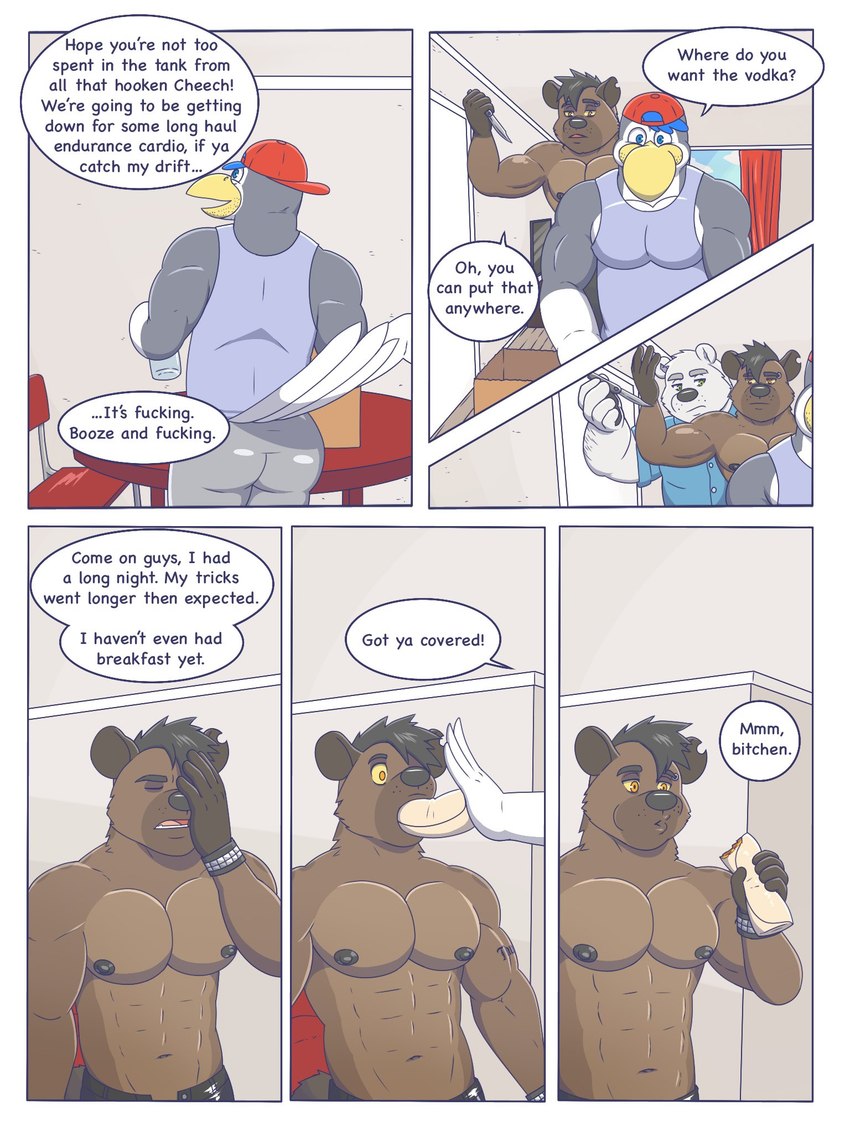 anthro burrito butt clothed clothing dialogue food holding_knife holding_object humor knife male muscular nipples notched_ear open_mouth profanity text topless weapon yellow_sclera rain-yatsu cheech curt_(rainyatsu) avian bear bird hyena mammal polar_bear spotted_hyena ursine 3:4 comic english_text hi_res trans_(lore) trans_man_(lore)