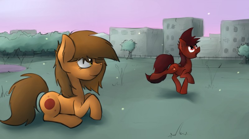 brown_body brown_fur brown_hair city cutie_mark detailed_background duo female feral fur grass hair happy hooves looking_at_another lying male on_front on_ground outside park plant playing quadruped red_body red_eyes red_fur red_hair sky smile tree water yellow_eyes marsminer hasbro my_little_pony fan_character mars_miner venus_spring earth_pony equid equine horse mammal pony 2015 digital_media_(artwork) hi_res