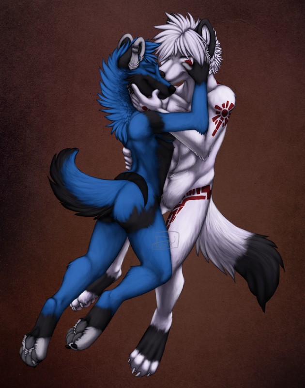 anthro cuddling duo female love male male/female romantic romantic_couple raphial runicnature limizuki_(character) limizuki_shadowfang raphial_(character) raphial_mcduffy canid canine canis mammal wolf digital_media_(artwork)