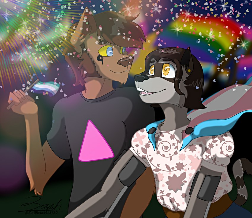 anthro aroace_pride_colors biped bisexual_pride_colors blue_eyes bottomwear brown_body brown_fur brown_hair brown_markings cape cheek_tuft chin_tuft clothed clothing crutch disability dress duo ear_piercing ear_ring facial_hair facial_tuft female flag flag_(object) floral fully_clothed fur genderqueer_pride_colors glitter grey_body grey_fur hair happy heart_symbol holding_flag holding_object intersex_pride_colors lesbian_pride_colors lgbt_pride looking_at_another looking_up male markings medical_instrument nonbinary_pride_colors omnisexual_pride_colors orange_lesbian_pride_colors piercing pink_triangle polysexual_pride_colors pride_color_cape pride_color_clothing pride_color_flag pride_colors rainbow_flag rainbow_pride_colors rainbow_pride_flag rainbow_symbol raised_tail ring_piercing scientific_instrument shirt six-stripe_rainbow_pride_colors skirt smile star_eyes subculture_pride_colors t-shirt tail tan_body tan_fur topwear transgender_pride_colors tuft vincian_pride_colors yellow_eyes yellow_sclera zer0rebel4 lgbt_pride_month mythology may_(zer0rebel4) thomas_ii_(zer0rebel4) canid canine canis mammal mythological_canine mythological_creature procyonid raccoon werecanid werecanine werecreature werewolf wolf 2022 absurd_res digital_media_(artwork) half-length_portrait hi_res portrait shaded soft_shading trans_(lore) trans_woman_(lore)