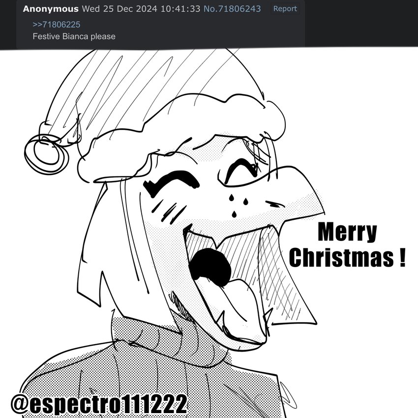 anthro christmas_clothing christmas_headwear clothing dialogue eyelashes eyes_closed female hair hat headgear headwear holidays open_mouth open_smile santa_hat short_hair smile snout solo text espectro111222 4chan cavemanon_studios christmas snoot_game bianca_(bybuckett) fan_character dinosaur prehistoric_species reptile scalie 1:1 2024 artist_name black_and_white english_text hi_res monochrome watermark