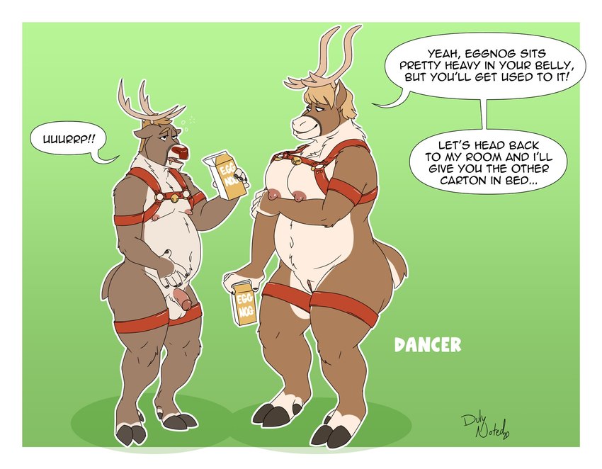 anthro antlers balls bell belly breasts burping dialogue duo eggnog female flaccid genitals hand_on_belly harness hooves horn larger_female male mostly_nude nipples overweight overweight_female overweight_male penis pussy size_difference smaller_male speech_bubble text weight_gain duly_noted dancer_(reindeer) rudolph_the_red-nosed_reindeer deer mammal new_world_deer reindeer english_text hi_res