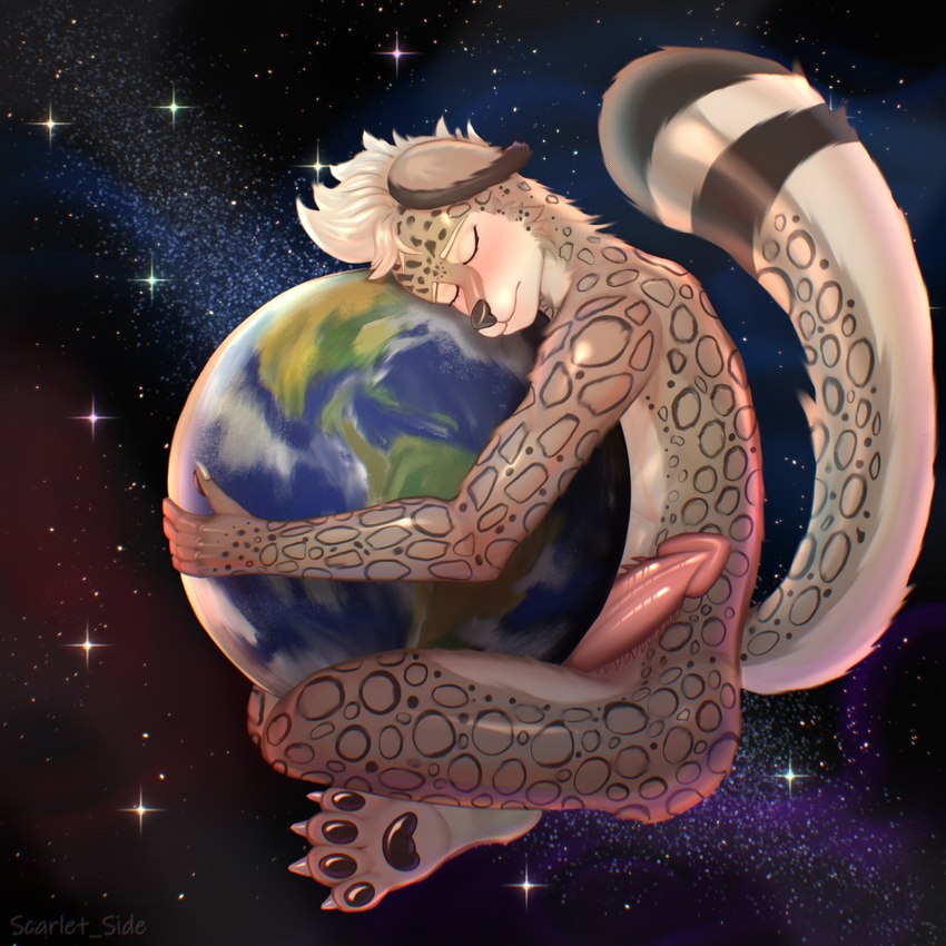 anthro blush butt cosmos earth eyes_closed feet fur genitals giga hair hug hugging_object macro male nude paws peaceful penis planet simple_background sky smile solo space spiked_penis spikes spikes_(anatomy) star tail toes white_body white_hair scarlet_side felid leopard mammal pantherine snow_leopard 1:1 2024 digital_media_(artwork) hi_res