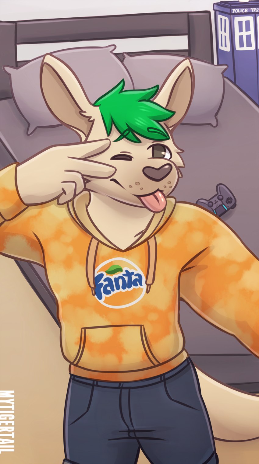 anthro bed biped clothed clothing detailed_background eyebrow_through_hair eyebrows fingers fur furniture gesture green_hair hair hand_gesture hoodie inside joystick male one_eye_closed pillow solo tail tongue tongue_out topwear translucent translucent_hair v_sign wink mytigertail fanta kangaroo macropod mammal marsupial hi_res