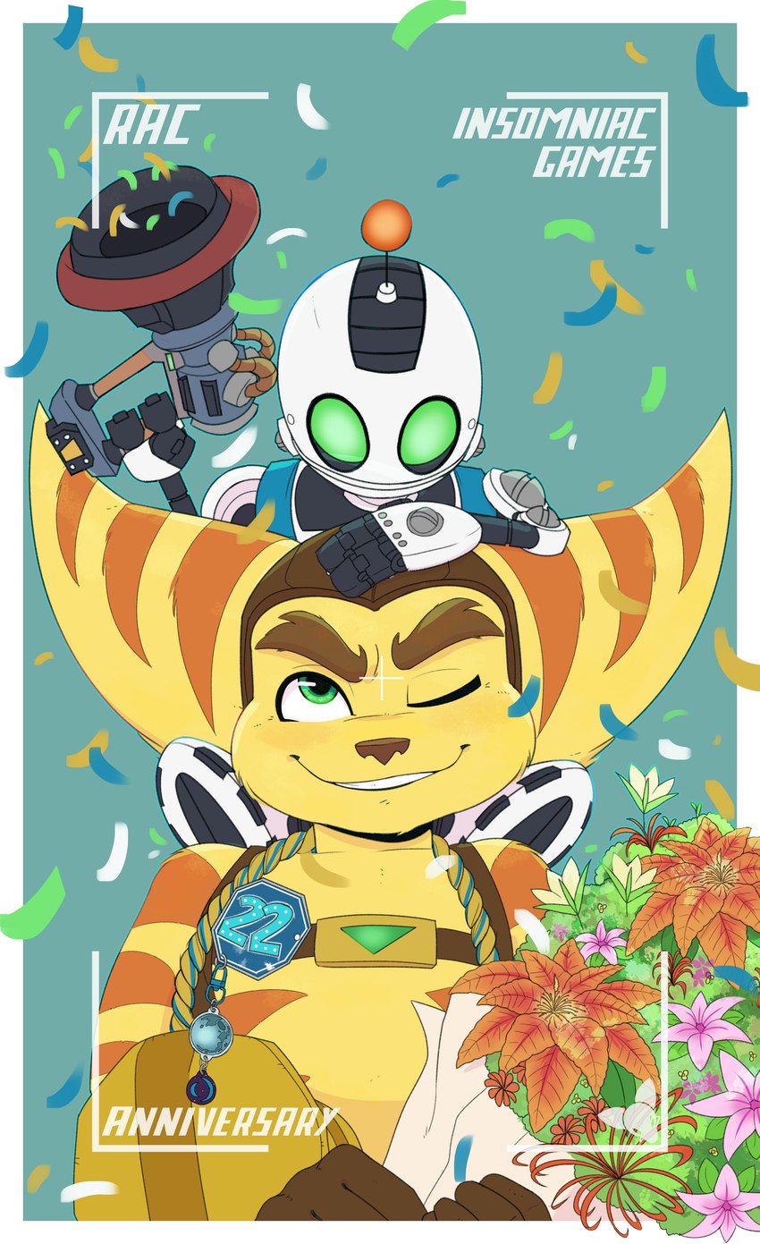 anthro arm_tuft brown_nose brown_stripes clothing confetti duo eyebrows flower fur gloves green_eyes handwear headgear headwear machine male one_eye_closed plant shoulder_tuft smile striped_body striped_fur stripes tuft wink yellow_body yellow_fur dan_scarf ratchet_and_clank sony_corporation sony_interactive_entertainment clank_(ratchet_and_clank) ratchet_(ratchet_and_clank) lombax mammal robot 2024 absurd_res hi_res