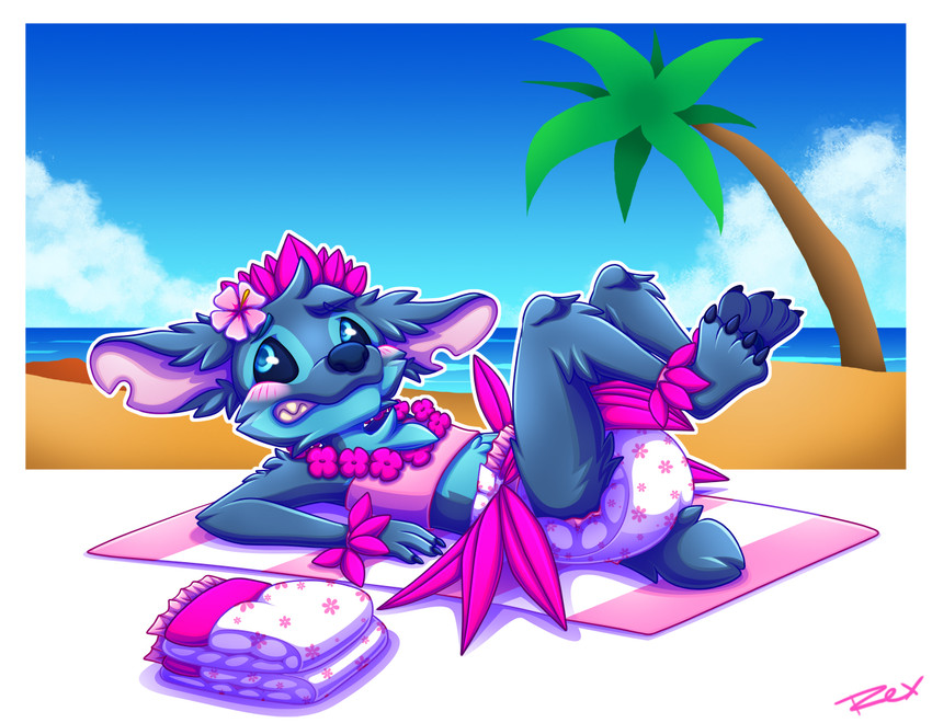 anthro beach blue_body blue_eyes blue_fur blue_nose blue_sclera blush claws clean_diaper clothed clothing diaper feet fingers flower folded_diaper fur lying male pink_flower pink_inner_ear plant seaside sharp_teeth solo teeth toe_claws toes towel tree water wearing_diaper rexam-1 disney lilo_and_stitch stitch_(lilo_and_stitch) alien experiment_(lilo_and_stitch)