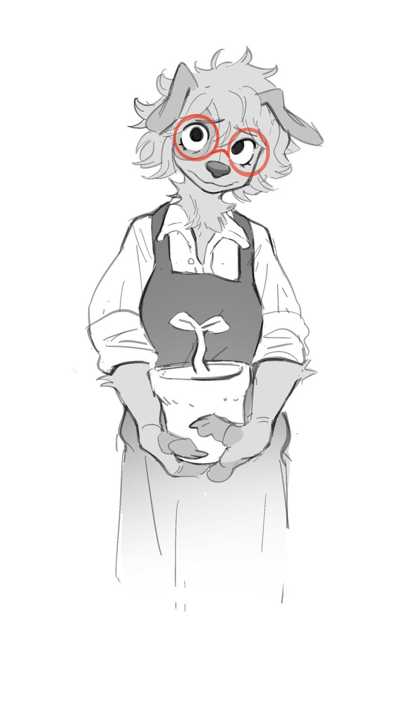 anthro apron clothing eyewear female floppy_ears fluffy front_view glasses mouth_closed neck_tuft plant plant_pot potted_plant red_eyewear red_glasses round_glasses smile smiling_at_viewer solo tuft wearing_glasses foresttherotten canid canine canis domestic_dog mammal hi_res portrait