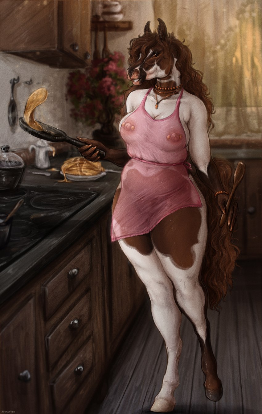 5_fingers anthro appliance barbell_piercing breasts brown_body brown_eyes brown_hair brown_tail cupboard curtains detailed_background drawer female fingers flower food front_view genitals grin hair holding_frying_pan hooves humanoid_genitalia humanoid_pussy inside jewelry kitchen kitchen_appliance kitchen_counter looking_at_viewer multicolored_body necklace nipple_barbell nipple_piercing nipples pan pancake piercing plant plate pussy shelf smile solo spatula standing syrup tail tools translucent_apron two_tone_body white_body scarlanya sienna_(resshadow) equid equine horse mammal 2022 absurd_res digital_media_(artwork) full-length_portrait hi_res portrait