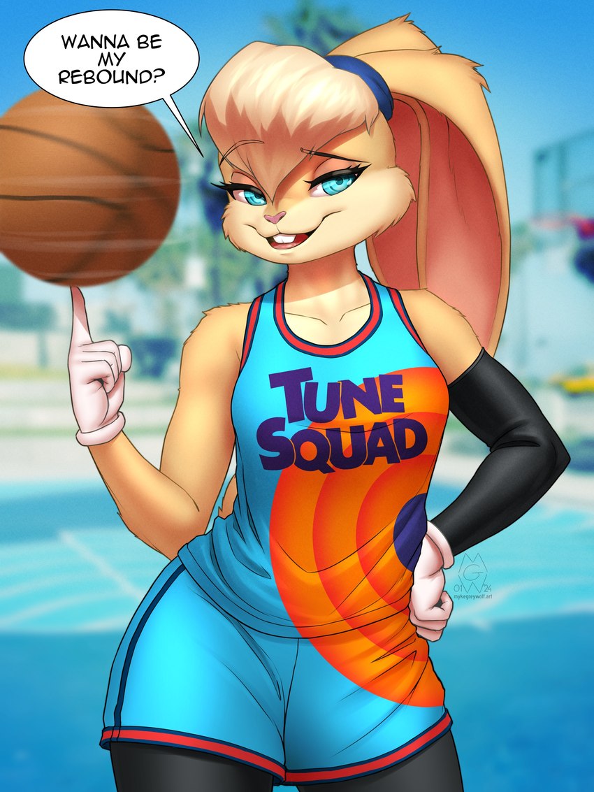 abs anthro athletic athletic_female ball basketball_(ball) basketball_uniform blue_eyes breasts buckteeth clothing dialogue female half-closed_eyes hand_on_hip logo looking_at_viewer narrowed_eyes pink_nose solo speech_bubble spinning_ball sportswear teeth text thick_thighs uniform mykegreywolf looney_tunes warner_brothers lola_bunny lagomorph leporid mammal rabbit 2024 3:4 absurd_res artist_logo dated english_text hi_res signature