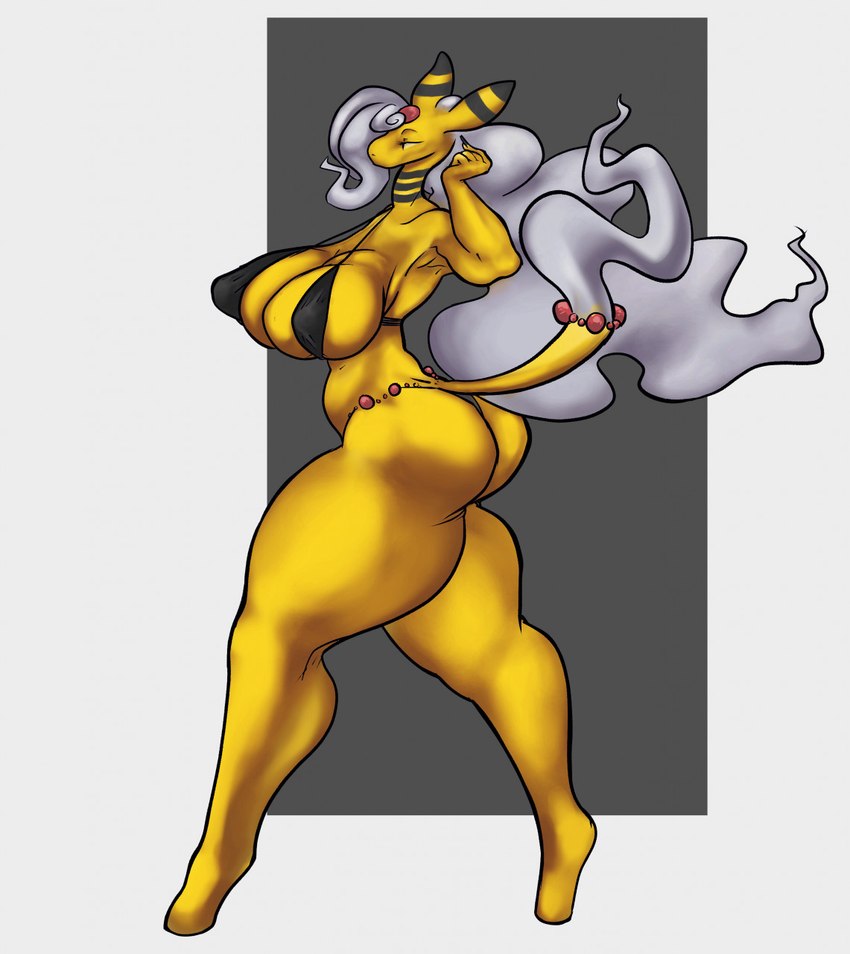 anthro belt bikini bikini_top breasts butt clothing female gem grey_hair hair jewelry long_hair long_nails nails pokemorph solo swimwear two-piece_swimsuit leptail secondserval nintendo pokemon ampharos generation_2_pokemon humanoid pokemon_(species) hi_res