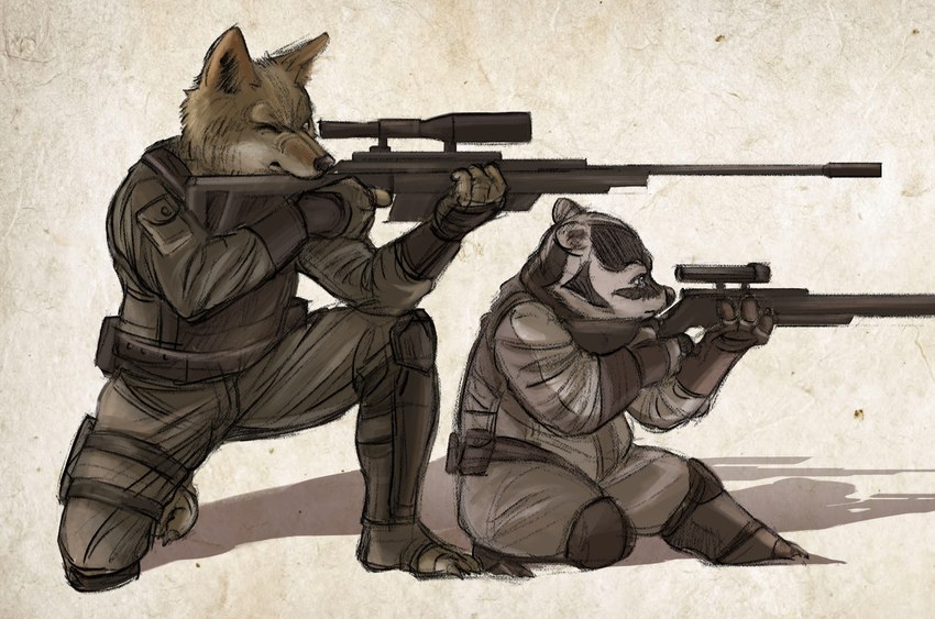 aiming anthro clothing crouching duo female gun holding_gun holding_object holding_ranged_weapon holding_weapon larger_male male military military_uniform ranged_weapon rifle simple_background size_difference smaller_female sniper sniper_rifle soldier stocky uniform warrior weapon white_background furrykxc keshenna_honina badger canid canine canis coyote mammal mustelid musteline hi_res