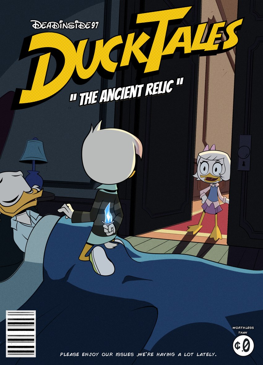 bed bedroom clothing eyes_closed female furniture knife male sleeping text deadinside97 disney ducktales ducktales_(2017) lena_(ducktales) scrooge_mcduck webby_vanderquack anatid anseriform avian bird duck absurd_res comic cover cover_art cover_page hi_res