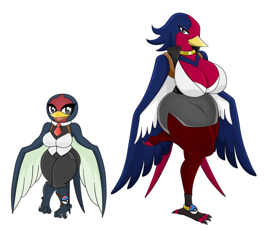 anthro beak big_breasts black_eyes blue_body blue_hair bottomwear breasts claws clothing collar duo female footwear great_ball hair huge_breasts necktie pants pokeball red_body shirt shorts simple_background tail topwear white_background wings urusee584 nintendo pokemon avian bird generation_3_pokemon pokemon_(species) swellow taillow hi_res