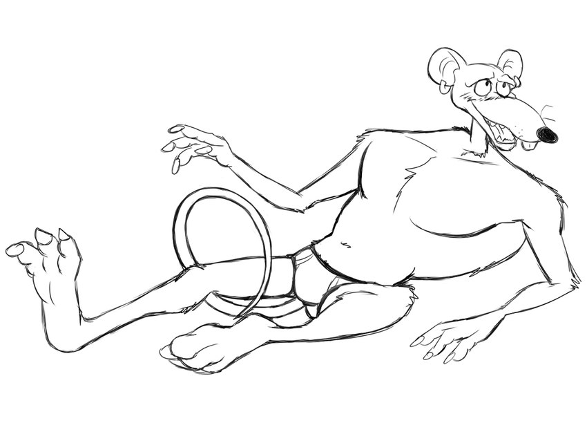 anthro barefoot blush briefs briefs_only buckteeth claws clothed clothing ear_piercing ear_ring feet male navel open_mouth piercing ring_piercing simple_background smile solo teeth teeth_showing tongue_showing topless underwear underwear_only whiskers white_background thegreatmatsutzu earthworm_jim_(series) henchrat mammal murid murine rat rodent black_and_white monochrome sketch