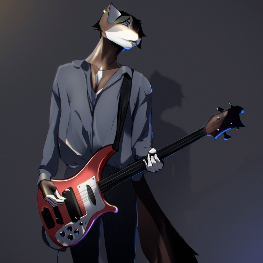 action_pose anthro bass_guitar blue_clothing blue_light blue_lights blue_shirt blue_topwear brown_body clothing ears_front ears_up euphoria folds guitar guitar_solo hair highlights_(coloring) male musical_instrument piercing plucked_string_instrument pose red_guitar shaded_face shirt smile smiley_face solo string_instrument tail topwear white_body stophon canid canine canis domestic_dog hybrid mammal wolf wolfdog 1:1 colored colored_sketch hi_res shaded sketch