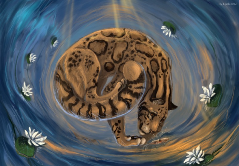 amber_eyes ambiguous_gender feral flower fur plant solo spots tawny_fur water water_lily flashw clouded_leopard felid mammal pantherine 2012 digital_media_(artwork) digital_painting_(artwork)