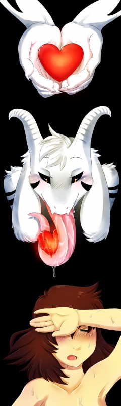 ambiguous_gender anthro big_tongue black_sclera blush bodily_fluids duo hair heart_symbol horn long_ears long_hair long_tongue male male/ambiguous saliva soul soul_play sweat tongue tongue_fetish tongue_out lewdtale undertale undertale_(series) asriel_dreemurr_(god_form) frisk_(undertale) boss_monster_(undertale) bovid caprine human mammal absurd_res hi_res