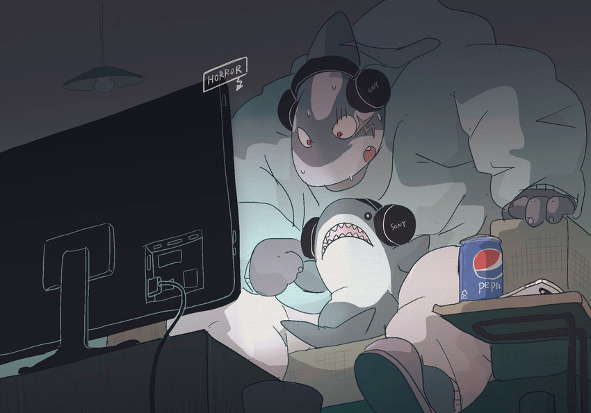 anthro bodily_fluids bottomwear clothing electronics headphones hoodie kemono male overweight overweight_anthro overweight_male pants plushie scar scared sitting solo sweat television topwear watching_television dumdum ikea lifewonders pepsi tokyo_afterschool_summoners blahaj typhon_(tas) fish marine shark 2020 hi_res