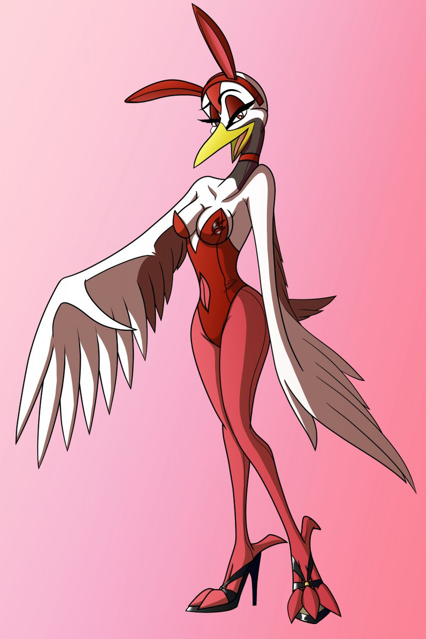 anthro breasts bunny_costume clothed clothing collar costume female footwear headgear headwear high_heels legwear looking_at_viewer non-mammal_breasts pantyhose playboy_bunny shoes simple_background skimpy smile solo whitephoenix52 yuriko_(aidagull) avian bird crane_(bird) gruiform grus_(genus) red-crowned_crane hi_res