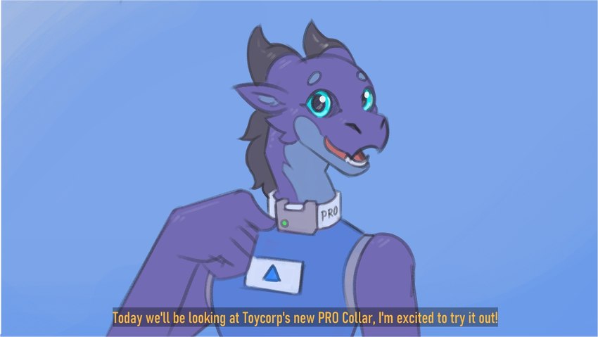 anthro blue_eyes clothed clothing collar female pre-transformation purple_body solo text transformative_collar alphax10 mythology ellie_(alphax10) dragon mythological_creature mythological_scalie scalie english_text