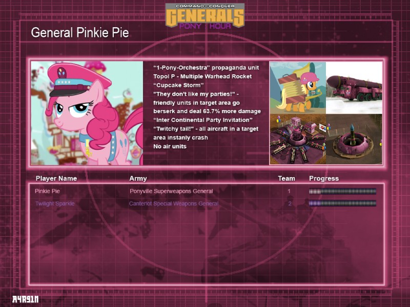 duo female fur gameplay_mechanics military missile musician pink_body pink_fur solo_focus tail text a4r91n_(artist) command_and_conquer electronic_arts friendship_is_magic hasbro my_little_pony pinkie_pie_(mlp) earth_pony equid equine horse mammal pony 4:3 crossover digital_media_(artwork) english_text