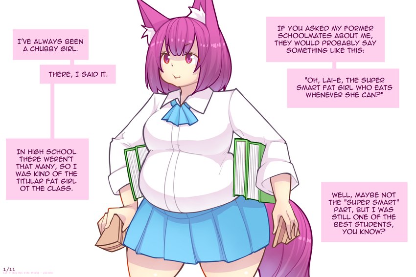 belly big_breasts book breasts clothing dialogue eating female food hair inner_monologue overweight overweight_female overweight_humanoid purple_eyes purple_hair sandwich_(food) simple_background smile solo standing text thick_thighs thinking pixiveo lai-e_(pixiveo) animal_humanoid canid canid_humanoid canine canine_humanoid fox_humanoid humanoid mammal mammal_humanoid 3:2 english_text hi_res signature