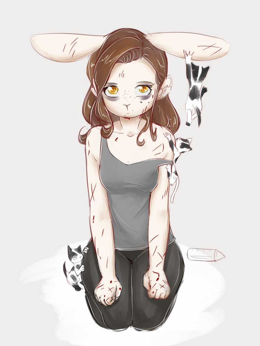 ambiguous_gender anthro bottle breasts brown_hair clothed clothing container female feral group hair scratches shirt simple_background tank_top topwear white_background alasou alissa_(alasou) domestic_cat felid feline felis lagomorph leporid mammal rabbit 2020 digital_media_(artwork) hi_res