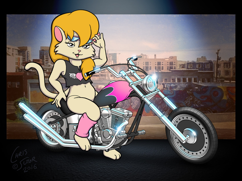 anthro asphalt blonde_hair chrome city cityscape clothing eyewear female hair heart_symbol leg_warmers legwear motorcycle shirt solo spotlight sunglasses t-shirt topwear vehicle winged_heart chris_sutor heathcliff_and_the_catillac_cats cleo_catillac domestic_cat felid feline felis mammal 4:3